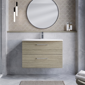Nuie Arno Wall Hung 2-Drawer Vanity Unit with Basin-4 800mm Wide - Solace Oak Woodgrain