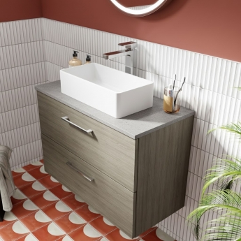 Nuie Arno Wall Hung 2-Drawer Vanity Unit with Bellato Grey Worktop 800mm Wide - Solace Oak Woodgrain