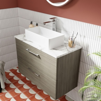 Nuie Arno Wall Hung 2-Drawer Vanity Unit with Carrera Marble Worktop 800mm Wide - Solace oak | Product Image