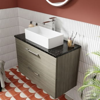 Nuie Arno Wall Hung 2-Drawer Vanity Unit with Sparkling Black Worktop 800mm Wide - Solace Oak Woodgrain