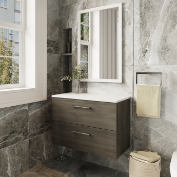 Nuie Arno Wall Hung 2-Drawer Vanity Unit with Sparkling White Worktop 800mm Wide - Solace Oak Woodgrain