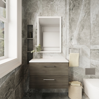 Nuie Arno Wall Hung 2-Drawer Vanity Unit with Sparkling White Worktop 800mm Wide - Solace Oak Woodgrain