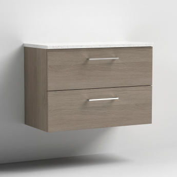 Nuie Arno Wall Hung 2-Drawer Vanity Unit with Sparkling White Worktop 800mm Wide - Solace Oak Woodgrain