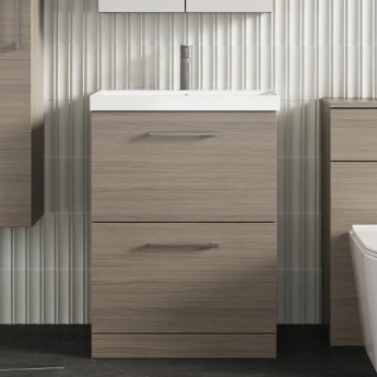 Nuie Arno Floor Standing 2-Drawer Vanity Unit with Basin-3 600mm Wide - Solace Oak Woodgrain