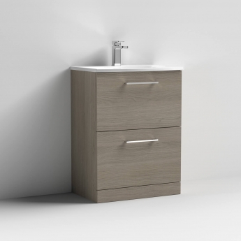 Nuie Arno Floor Standing 2-Drawer Vanity Unit with Basin-4 600mm Wide - Solace Oak Woodgrain
