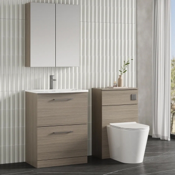 Nuie Arno Floor Standing 2-Drawer Vanity Unit with Basin-4 600mm Wide - Solace Oak Woodgrain