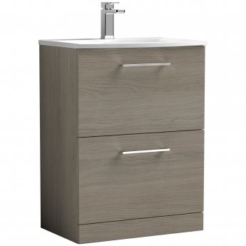 Nuie Arno Floor Standing 2-Drawer Vanity Unit with Basin-4 600mm Wide - Solace Oak Woodgrain