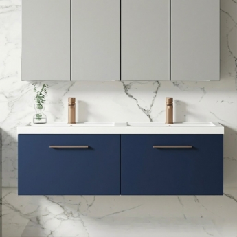 Nuie Arno Wall Hung 2-Drawer Vanity Unit with Double Polymarble Basin 1200mm Wide - Midnight Blue | Product Image
