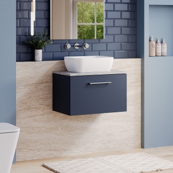 Nuie Arno Wall Hung 1-Drawer Vanity Unit with Bellato Grey Worktop 600mm Wide - Midnight Blue | Product Image