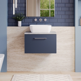 Nuie Arno Wall Hung 1-Drawer Vanity Unit with Bellato Grey Worktop 600mm Wide - Midnight Blue | Product Image