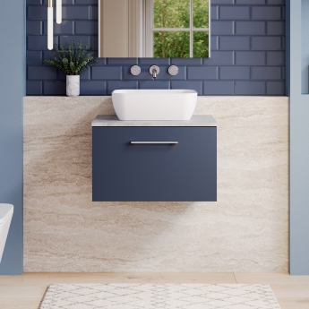 Nuie Arno Wall Hung 1-Drawer Vanity Unit with Bellato Grey Worktop 600mm Wide - Midnight Blue | Product Image