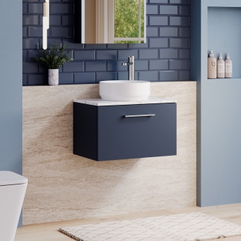 Nuie Arno Wall Hung 1-Drawer Vanity Unit with Carrera Marble Worktop 600mm Wide - Midnight Blue | Product Image