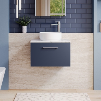 Nuie Arno Wall Hung 1-Drawer Vanity Unit with Carrera Marble Worktop 600mm Wide - Midnight Blue | Product Image