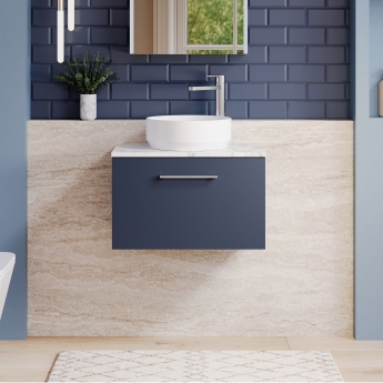 Nuie Arno Wall Hung 1-Drawer Vanity Unit with Carrera Marble Worktop 600mm Wide - Midnight Blue | Product Image