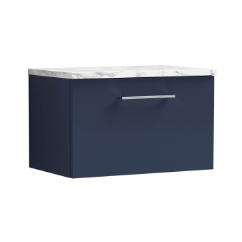 Nuie Arno Wall Hung 1-Drawer Vanity Unit with Carrera Marble Worktop 600mm Wide - Midnight Blue | Product Image