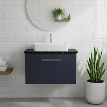 Nuie Arno Wall Hung 1-Drawer Vanity Unit with Sparkling Black Worktop 600mm Wide - Midnight Blue | Product Image