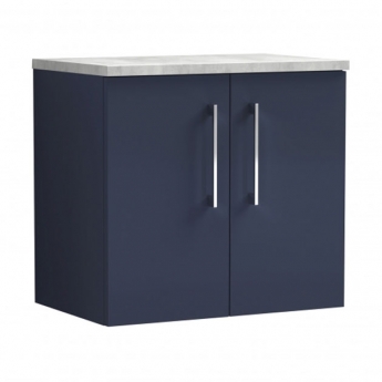 Nuie Arno Wall Hung 2-Door Vanity Unit with Bellato Grey Worktop 600mm Wide - Midnight Blue | Product Image