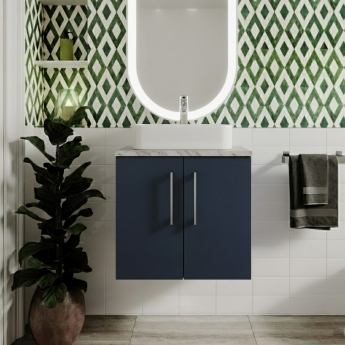 Nuie Arno Wall Hung 2-Door Vanity Unit with Bellato Grey Worktop 600mm Wide - Midnight Blue | Product Image