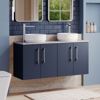 Nuie Arno Wall Hung 4-Door Vanity Unit with Bellato Grey Worktop 1200mm Wide - Midnight Blue | Product Image
