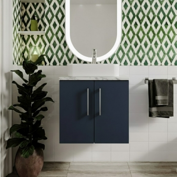 Nuie Arno Wall Hung 2-Door Vanity Unit with Carrera Marble Worktop 600mm Wide - Midnight Blue | Product Image