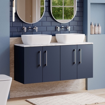 Nuie Arno Wall Hung 4-Door Vanity Unit with Carrera Marble Worktop 1200mm Wide - Midnight Blue | Product Image