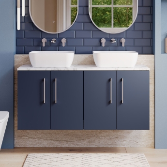 Nuie Arno Wall Hung 4-Door Vanity Unit with Carrera Marble Worktop 1200mm Wide - Midnight Blue | Product Image