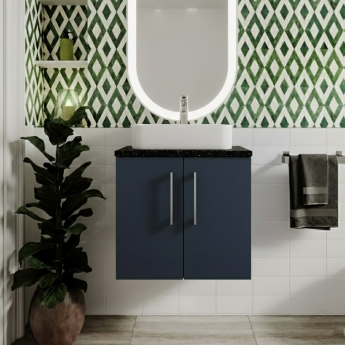 Nuie Arno Wall Hung 2-Door Vanity Unit with Sparkling Black Worktop 600mm Wide - Midnight Blue | Product Image