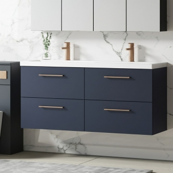 Nuie Arno Wall Hung 4-Drawer Vanity Unit with Double Ceramic Basin 1200mm Wide - Midnight Blue | Product Image
