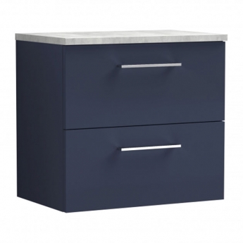 Nuie Arno Wall Hung 2-Drawer Vanity Unit with Bellato Grey Worktop 600mm Wide - Midnight Blue | Product Image