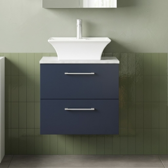 Nuie Arno Wall Hung 2-Drawer Vanity Unit with Bellato Grey Worktop 600mm Wide - Midnight Blue | Product Image