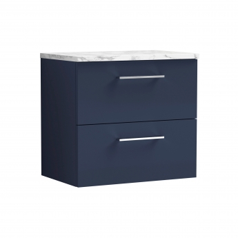 Nuie Arno Wall Hung 2-Drawer Vanity Unit with Carrera Marble Worktop 600mm Wide - Midnight Blue | Product Image