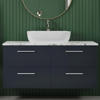 Nuie Arno Wall Hung 4-Drawer Vanity Unit with Carrera Marble Worktop 1200mm Wide - Midnight Blue | Product Image