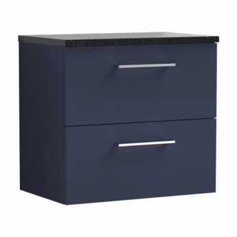 Nuie Arno Wall Hung 2-Drawer Vanity Unit with Sparkling Black Worktop 600mm Wide - Midnight Blue | Product Image
