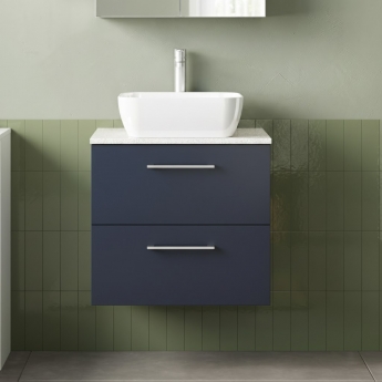 Nuie Arno Wall Hung 2-Drawer Vanity Unit with Sparkling White Worktop 600mm Wide - Midnight Blue | Product Image