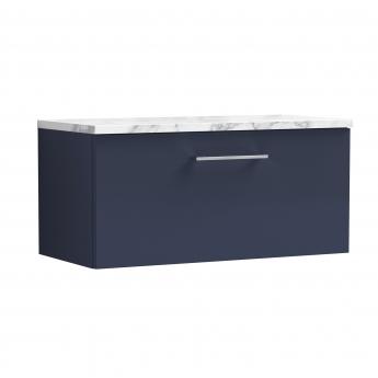 Nuie Arno Wall Hung 1-Drawer Vanity Unit with Carrera Marble Worktop 800mm Wide - Midnight Blue | Product Image