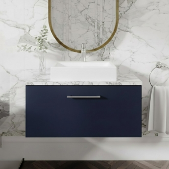 Nuie Arno Wall Hung 1-Drawer Vanity Unit with Carrera Marble Worktop 800mm Wide - Midnight Blue | Product Image