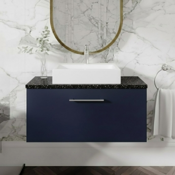 Nuie Arno Wall Hung 1-Drawer Vanity Unit with Sparkling Black Worktop 800mm Wide - Midnight Blue | Product Image