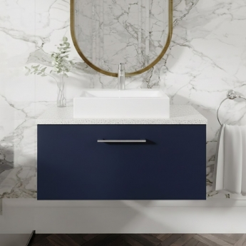Nuie Arno Wall Hung 1-Drawer Vanity Unit with Sparkling White Worktop 800mm Wide - Midnight Blue | Product Image