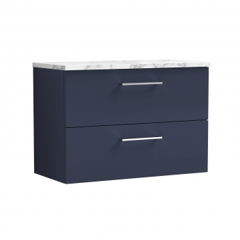 Nuie Arno Wall Hung 2-Drawer Vanity Unit with Carrera Marble Worktop 800mm Wide - Midnight Blue | Product Image