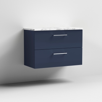 Nuie Arno Wall Hung 2-Drawer Vanity Unit with Carrera Marble Worktop 800mm Wide - Midnight Blue | Product Image