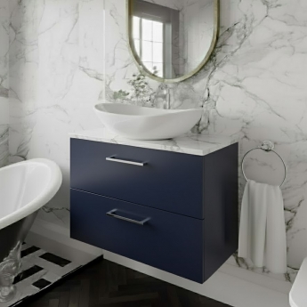 Nuie Arno Wall Hung 2-Drawer Vanity Unit with Carrera Marble Worktop 800mm Wide - Midnight Blue | Product Image