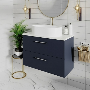 Nuie Arno Wall Hung 2-Drawer Vanity Unit with Sparkling White Worktop 800mm Wide - Midnight Blue | Product Image