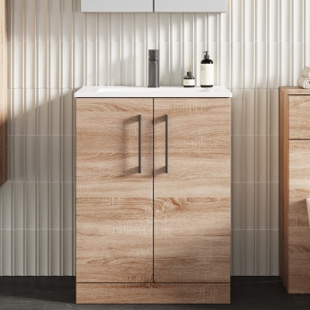 Nuie Arno Floor Standing 2-Door Vanity Unit with Basin 2 600mm Wide - Bleached Oak | Product Image