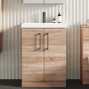 Nuie Arno Floor Standing 2-Door Vanity Unit with Basin 3 600mm Wide - Bleached Oak