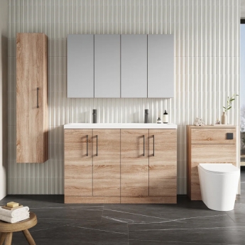 Nuie Arno Floor Standing 4-Door Vanity Unit with Double Ceramic Basin 1200mm Wide - Bleached Oak | Product Image