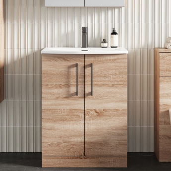 Nuie Arno Floor Standing 2-Door Vanity Unit with Basin 4 600mm Wide - Bleached Oak | Product Image