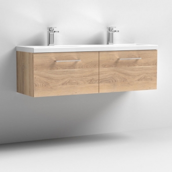 Nuie Arno Wall Hung 2-Drawer Vanity Unit with Double Ceramic Basin 1200mm Wide - Bleached Oak | Product Image