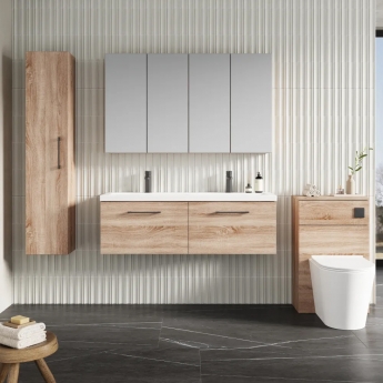 Nuie Arno Wall Hung 2-Drawer Vanity Unit with Double Ceramic Basin 1200mm Wide - Bleached Oak | Product Image