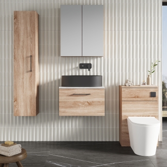 Nuie Arno Wall Hung 1-Drawer Vanity Unit with Bellato Grey Worktop 600mm Wide - Bleached Oak | Product Image