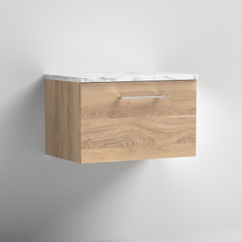 Nuie Arno Wall Hung 1-Drawer Vanity Unit with Carrera Marble Worktop 600mm Wide - Bleached Oak | Product Image